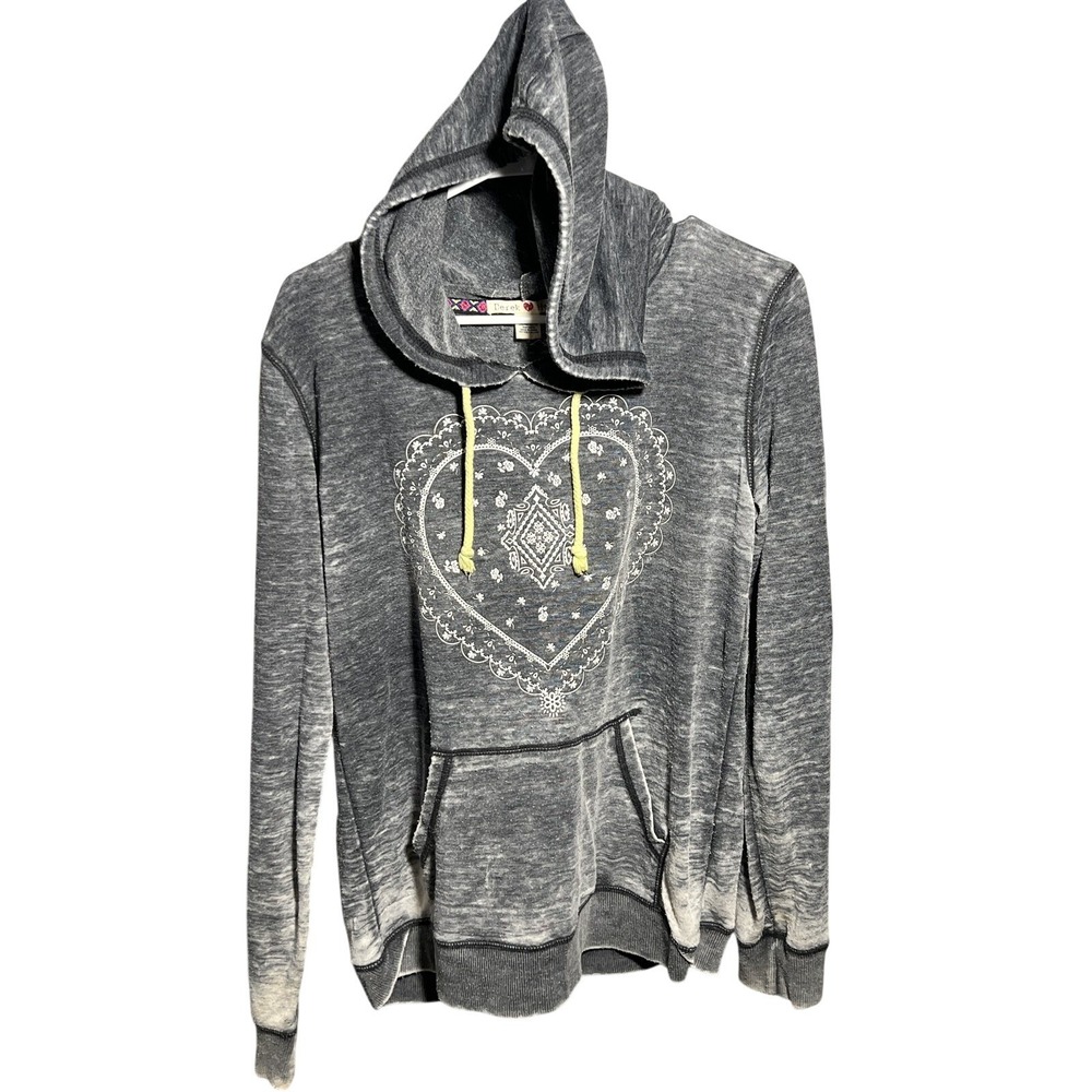 Derek Heart Women's Gray Washed Heart Bandana Pullover Hoodie Sweatshirt Size M‎